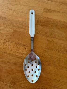 Vintage Robinson Stainless USA Slotted Serving Spoon White Handle